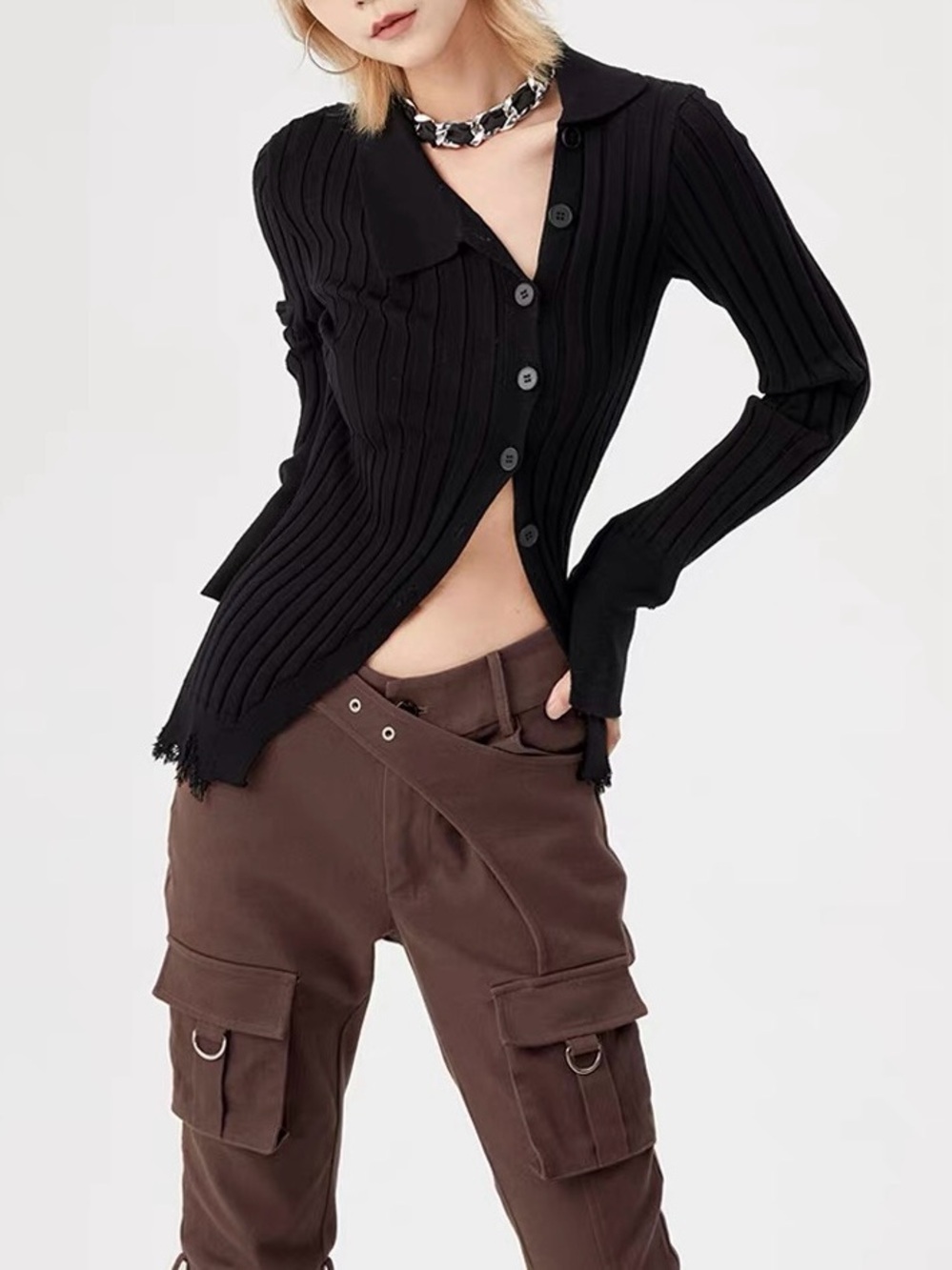 VCR Studio Asymmetrical Rib Knit Cardigan | Black | Size M